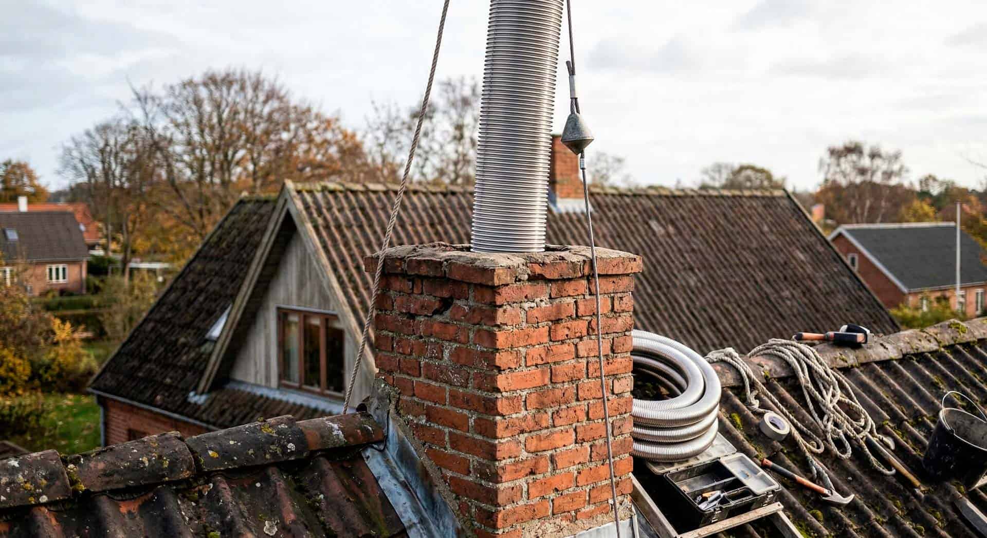 Installation af skorstensforing med fleksibelt rør i ældre muret skorsten på tegltag.